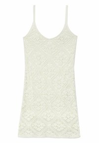 Camisole en dentelle blanche avec un motif en losange, dotée de fines bretelles réglables et d'une silhouette ajustée. Texture douce avec des détails raffinés.