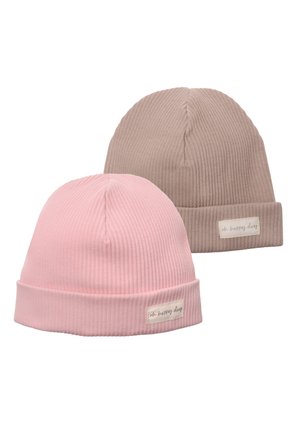 Two ribbed beanies: one light pink and one taupe. Each features a folded cuff and a small label that reads "oh happy days."