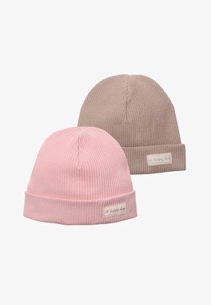 Two ribbed beanies: one light pink and one taupe. Each features a folded cuff and a small label that reads "oh happy days."
