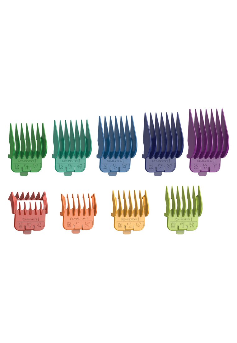 Diez peines de cortadora de pelo en varios colores: verde, azul, púrpura, naranja y rojo. Cada uno tiene una medida de longitud única impresa en el lateral.