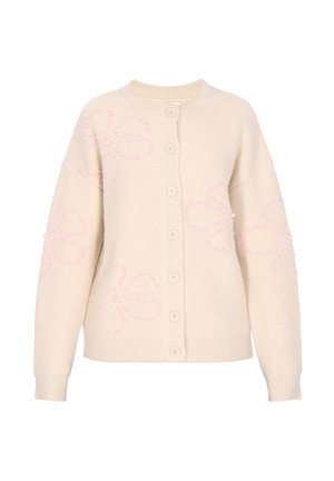 Cremefarbener Strickcardigan mit rosafarbenen, mit Perlen besetzten Blumenmustern und Perlenakzenten. Er hat einen runden Ausschnitt und eine Verschlussleiste mit Knöpfen vorne.