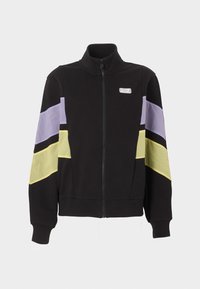 Μαύρο μπουφάν με φερμουάρ και ψηλό γιακά, με διαγώνιες μοβ και κίτρινες ρίγες στα μανίκια και μικρό λογότυπο EA7 στο στήθος.