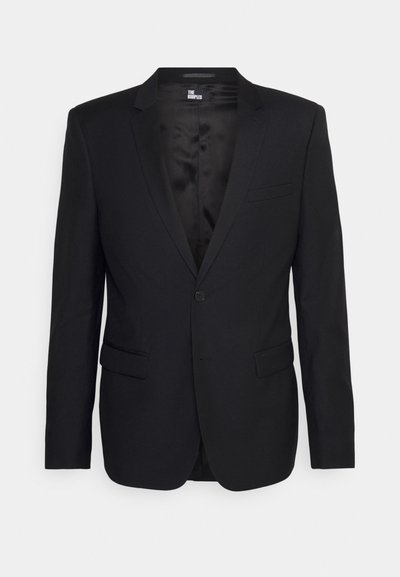 Schwarzer, taillierter Blazer aus glattem Stoff mit einem einzigen Knopfverschluss, zwei Vordertaschen und einem Revers.