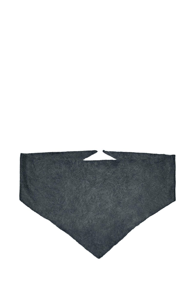 Dark gray triangular scarf made of soft, textured fabric with pointed ends. The scarf features a simple, minimalist design.