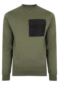 Olivově zelená mikina s černou náprsní kapsou, žebrovanými manžetami a kulatým výstřihem. Hladká textura látky.