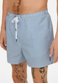Bañador a rayas azul y blanco con cinturilla elástica y cordón. Cuenta con bolsillos laterales y una sutil etiqueta de la marca en el dobladillo.