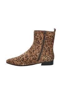 Bottes courtes à imprimé léopard en cuir de vache, avec un bout pointu, une fermeture éclair latérale et une semelle plate noire.