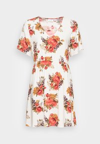 Vestido floral com mangas curtas, decote em V e cintura ajustada. Feito de tecido leve, exibe flores vibrantes em vermelho, laranja e roxo.