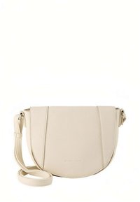 Cremefarbenes Leder-Umhängetäschchen mit halbrunder Form, verstellbarem Riemen, zwei vertikalen Nähten und glatter Oberfläche.