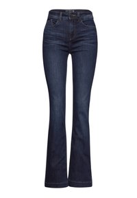 Jean flare bleu foncé en denim, avec taille haute, design à cinq poches et détails de couture subtils le long des coutures.