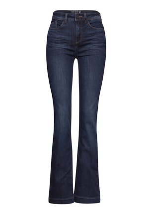 Mörkblå utsvängda jeans i denim, med hög midja, femfickorsdesign och subtila sömmar längs sömmarna.