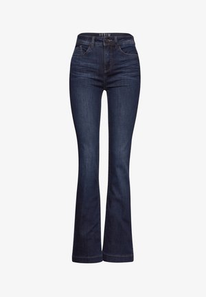 Dunkelblaue Schlagjeans aus Denim, mit hoher Taille, fünf Taschen-Design und dezenten Stickdetails an den Nähten.