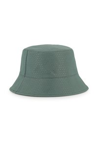 Sombrero tipo bucket verde hecho de material texturizado, con una corona redondeada y un ala ancha que se inclina hacia abajo con detalles sutiles de costuras.