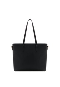 Zwarte tote bag van glad synthetisch materiaal. Kenmerkt zich door twee lange hengsels, een minimalistisch ontwerp en subtiele branding aan de voorkant.
