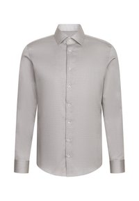 Chemise habillée pour hommes à manches longues, gris clair, avec col pointu et boutons blancs, présentant un motif texturé subtil.