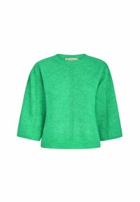 Grün gestrickter Pullover mit Dreiviertelärmeln, Rundhals, strukturiertem Muster und geripptem Saum. Weiches Material in einer lebhaften Farbe.