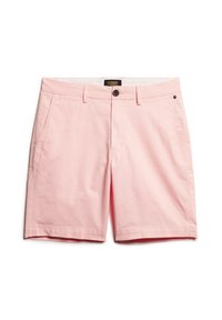 Shorts pour hommes rose clair avec bouton à l'avant, fermeture éclair, passants de ceinture et poches latérales, posés à plat sur fond blanc.