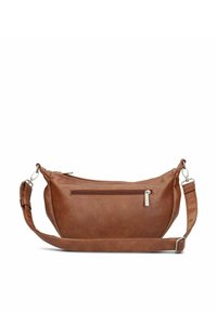 Braune Leder-Crossbody-Tasche mit verstellbarem Tragegurt, vorderer Reißverschluss-Tasche und silbernen Metall-Reißverschluss-Zippern.