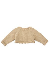 Cárdigan de bebé de punto beige con mangas largas, cuello redondo con volantes y bordes con forma de concha en los puños y el dobladillo.