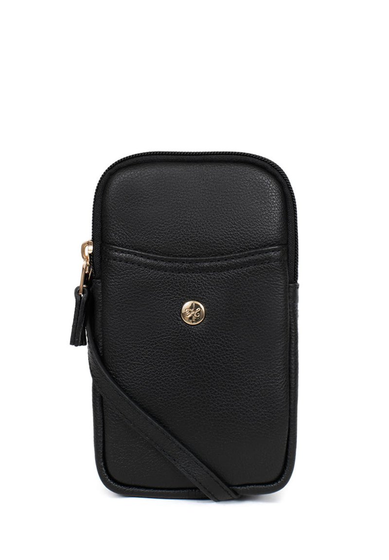 Custodia per telefono in pelle nera con chiusura a zip, dotata di tasca frontale, componenti in oro e tracolla regolabile. Superficie texturizzata.