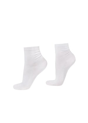 Paire de chaussettes blanches simples pour chevilles, présentées sur un fond blanc, montrant les vues latérale et arrière.