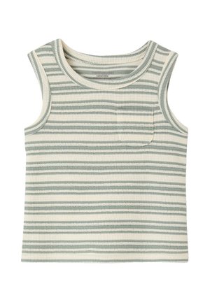 Ärmelloses Kindertanktop mit horizontalen grünen und cremeweißen Streifen sowie einer kleinen Brusttasche vorne.