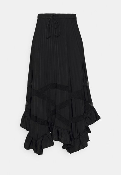Zwarte geplooide rok met een ruches zoom. Heeft kanten accenten en een elastische tailleband met een trekkoord voor een verstelbare pasvorm.