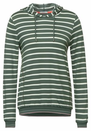 Green and white horizontally striped long-sleeve hoodie with drawstrings and ribbed cuffs and hem.