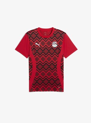 Rød trøje med kortærmer, sort zigzag-mønster, broderet logo på brystet og svedtransporterende materiale.