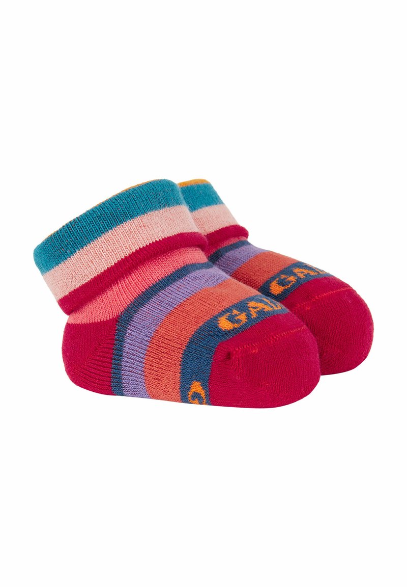 Striped toddler socks in red, pink, lavender, and teal. Features ribbed cuff and yellow brand lettering on the sole. Soft, stretchy knit material.