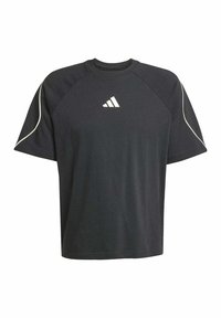 Schwarzes Kurzarm-T-Shirt aus Baumwolle, mit rundem Halsausschnitt, kontrastierendem weißen Nähten und einem kleinen weißen Logo auf der Brust.