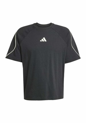 Zwarte korte mouw t-shirt van katoen, met een ronde halslijn, contrasterende witte stiksels en een klein wit logo op de borst.