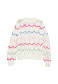 Un pull en tricot blanc avec un motif ondulé et ajouré. Présente des rayures vives en rose, bleu et vert. Manches longues et col rond.