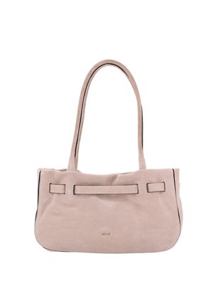 Light pink suede shoulder bag with double handles, minimal stitching details, and small gold logo on the lower center front.