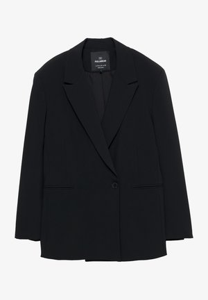 Črn blazer z enim gumbom in zareznimi ovratniki, s dvema sprednjima žepoma, oznaka Pull&Bear, prileganje kroju.