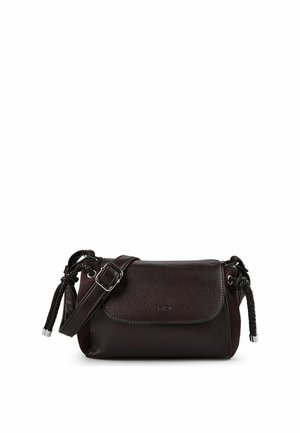 Small dark brown leather crossbody bag with adjustable strap, braided side tassels, and front flap closure.