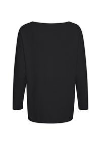 Musthave musta pika varrukaga topp laia paadikaelusega ja mugsatest lõikega. Sile tekstuur, ilma nähtavate õmbluste või mustriteta.