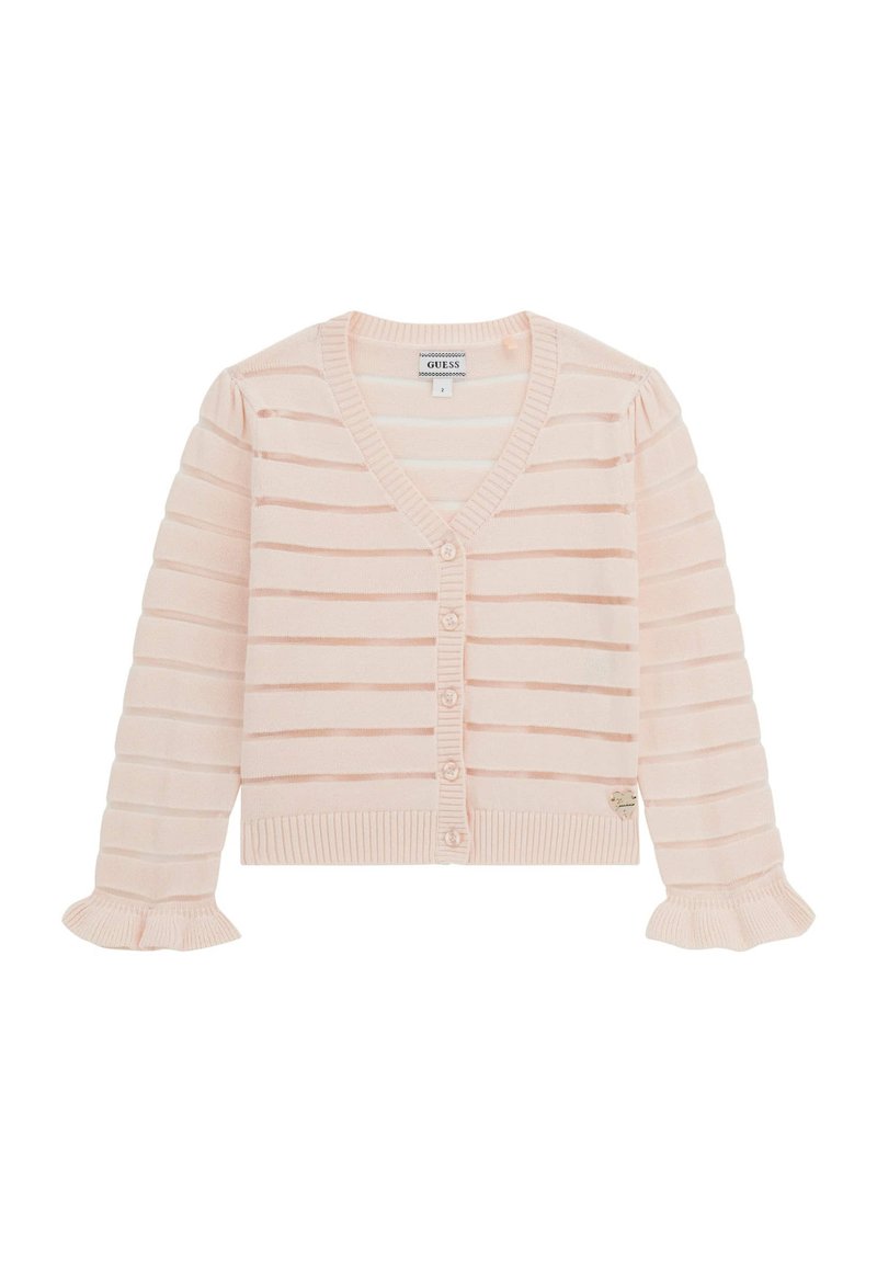 Cardigan a maglia rosa chiaro con righe orizzontali, scollo a V, chiusure con bottoni e polsini delle maniche a volants. Orlo a coste e piccolo logo decorativo.