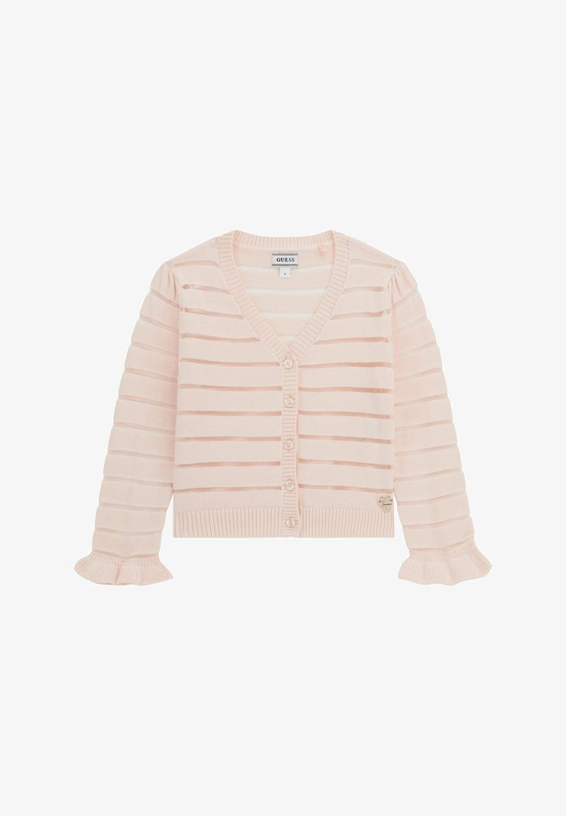 Svetlo roza pletena jakna s horizontalnimi črtami, v izrezom v obliki V, z gumbnimi zapirali in nabrano obrobljenimi rokavi. Rebrast rob in majhna logotipna oznaka.