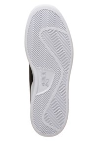 Suela de zapatilla atlética negra con una suela de goma blanca texturizada que presenta un patrón de zigzag y un logo en el lateral.