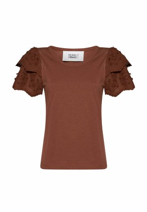 Top marrone a maniche corte con collo rotondo e maniche a balze in pizzo smerlato con ricamo floreale traforato.