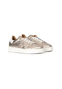 Zapatillas metálicas plateadas con un patrón texturizado de cocodrilo, cordones blancos y una suela de goma blanca; con un forro interior en tono marrón.