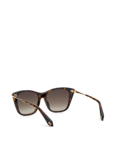 Lunettes de soleil à monture écaille avec verres carrés marron dégradés et fines branches en métal doré, reposant ouvertes sur une surface blanche.