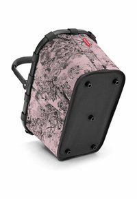Roze en zwarte stoffen tas met een boomprint, rechthoekige vorm, stevige bodem en robuuste handgreep, ontworpen voor buitengebruik.