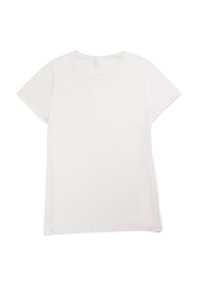 Biała bawełniana koszulka z krótkim rękawem i okrągłym dekoltem. Gładka tekstura, standardowy krój, bez dodatkowych wzorów czy akcentów.