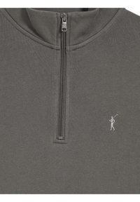 Grå halvdraget pullover tillverkad av mjuk tyg, har en hög krage, subtil logobroderi och en slät textur med öppning framtill.