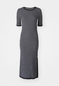 Black and white patterned dress with a round neckline, short sleeves, fitted design, and side slit, made from a textured, stretchy material.