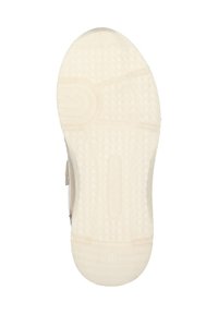 Schuhsohle mit einer strukturierten, strapazierfähigen Gummibeschichtung in Cremefarbe, die ein gemustertes Griffdesign und einen deutlich erkennbaren Bogenstützbereich aufweist.