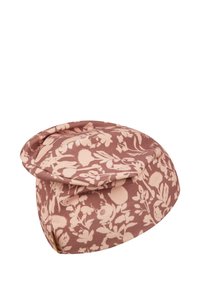 Soft brown beret with light beige floral pattern and folded brim detail.