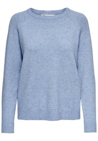 Pull bleu clair à col rond en matière tricotée douce. Comprend des manches longues, des poignets côtelés et un ourlet droit. Sans motifs ni accents.